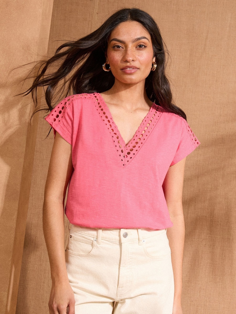 Love & Roses Coral Pink Lace V-Neck 100% Cotton T-Shirt - Image 1 of 5