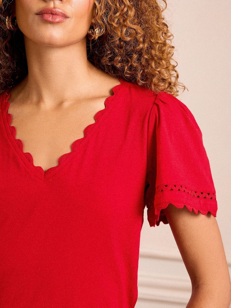 Love & Roses Red Scallop V-Neck T-Shirt - Image 2 of 4