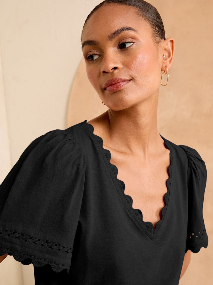 Love & Roses Black Scallop V-Neck T-Shirt - Image 2 of 6