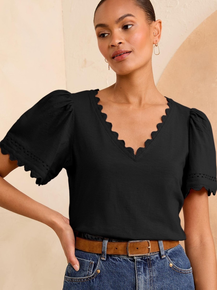 Love & Roses Black Scallop V-Neck T-Shirt - Image 5 of 6