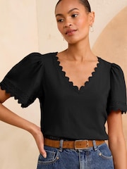 Love & Roses Black Scallop V-Neck T-Shirt - Image 6 of 6