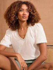 Love & Roses Ivory 100% Cotton Embellished V-Neck T-Shirt - Image 1 of 4