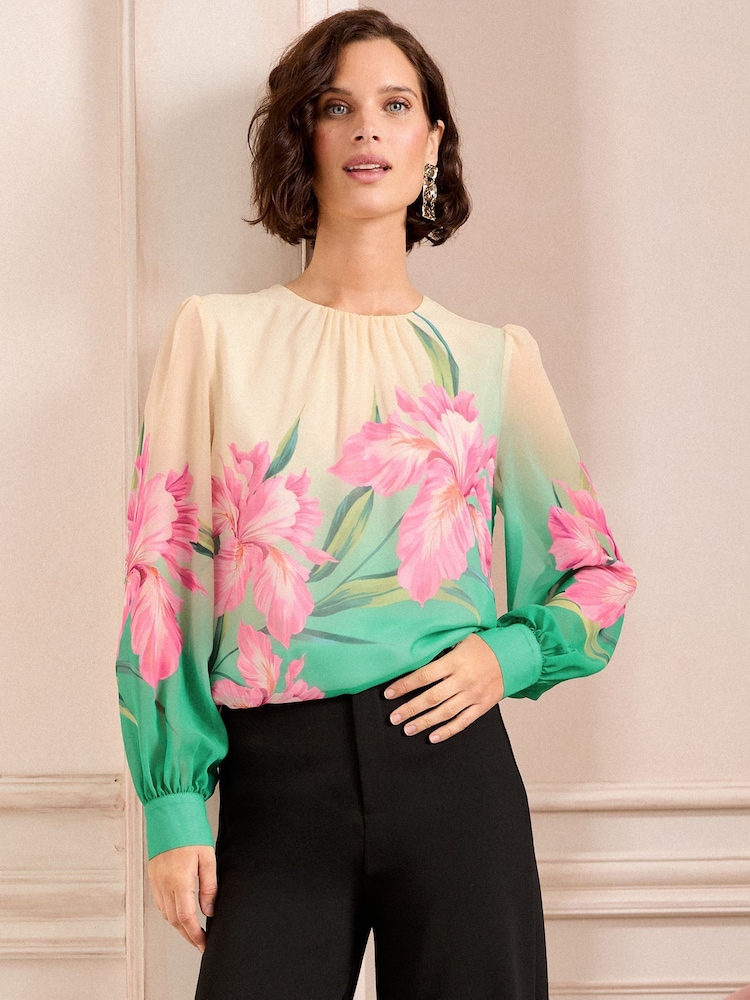Love & Roses Green Floral Printed Crew Neck Blouse - Image 1 of 4