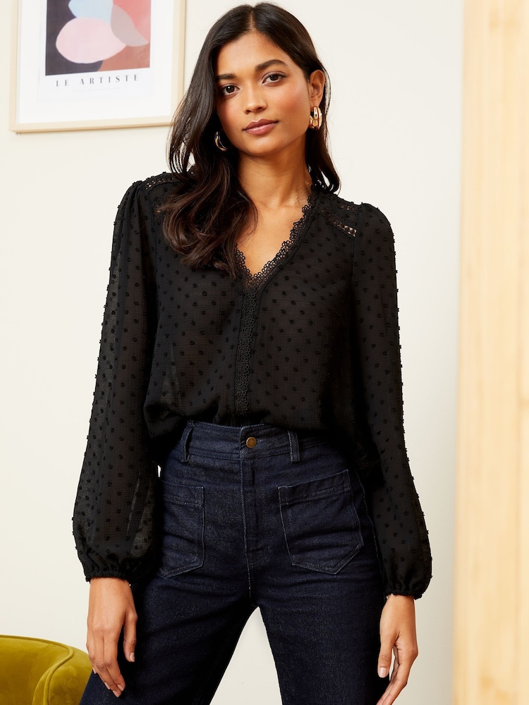 Love & Roses Black V-Neck Lace Long Sleeve Dobby Blouse - Image 1 of 4