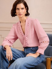 Love & Roses Blush Pink Petite Heart Trim Pintuck Notch Neck 3/4 Length Sleeve Blouse - Image 2 of 4