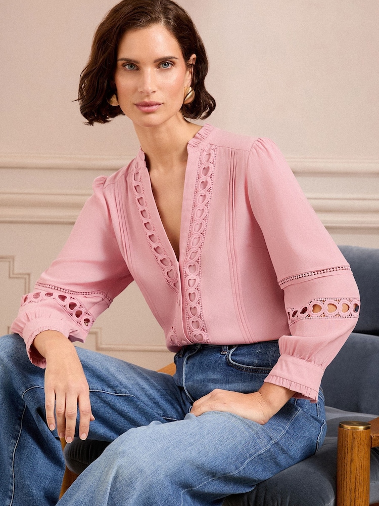 Love & Roses Blush Pink Petite Heart Trim Pintuck Notch Neck 3/4 Length Sleeve Blouse - Image 2 of 4