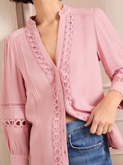 Love & Roses Blush Pink Petite Heart Trim Pintuck Notch Neck 3/4 Length Sleeve Blouse - Image 3 of 4
