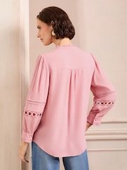 Love & Roses Blush Pink Petite Heart Trim Pintuck Notch Neck 3/4 Length Sleeve Blouse - Image 4 of 4