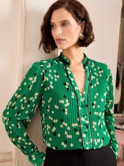 Love & Roses Green Spot Petite PU Detail Notch Neck Pleated Long Sleeve Blouse - Image 1 of 4