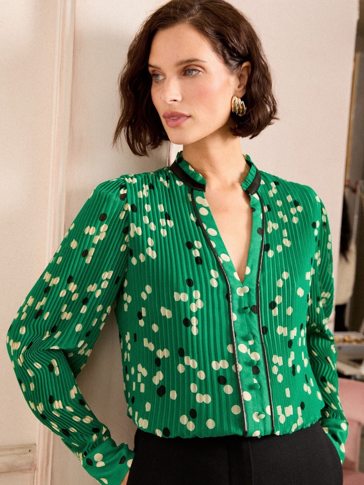 Love & Roses Green Spot Petite PU Detail Notch Neck Pleated Long Sleeve Blouse - Image 1 of 4