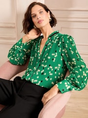 Love & Roses Green Spot Petite PU Detail Notch Neck Pleated Long Sleeve Blouse - Image 2 of 4