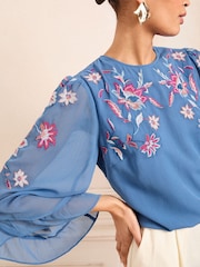 Love & Roses Cobalt Blue Embroidered Crew Neck Flute Sleeve Blouse - Image 2 of 4