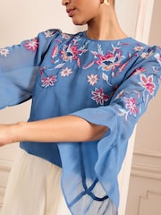 Love & Roses Cobalt Blue Embroidered Crew Neck Flute Sleeve Blouse - Image 3 of 4