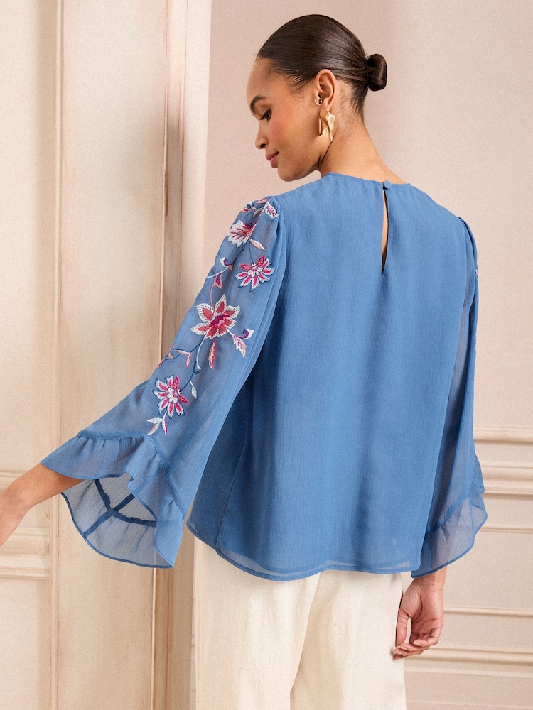 Love & Roses Cobalt Blue Embroidered Crew Neck Flute Sleeve Blouse - Image 4 of 4 Love & Roses Cobalt Blue Embroidered Crew Neck Flute Sleeve Blouse - Image 4 of 4