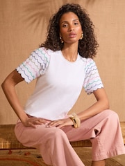 Ivoriu multicolor - Tricou Love & Roses Jersey cu margini festonate - Imaginea 1 din 4