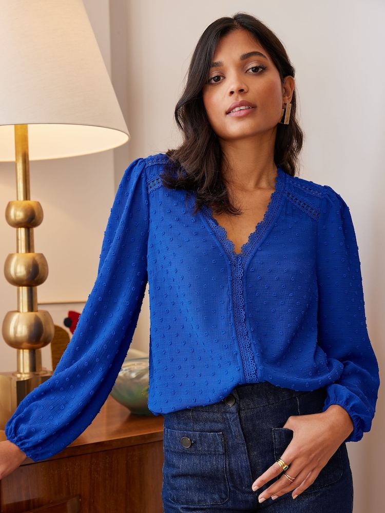 Love & Roses Cobalt Blue V-Neck Lace Long Sleeve Dobby Blouse - Image 1 of 4 Love & Roses Cobalt Blue V-Neck Lace Long Sleeve Dobby Blouse - Image 1 of 4
