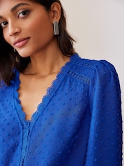 Love & Roses Cobalt Blue V-Neck Lace Long Sleeve Dobby Blouse - Image 2 of 4