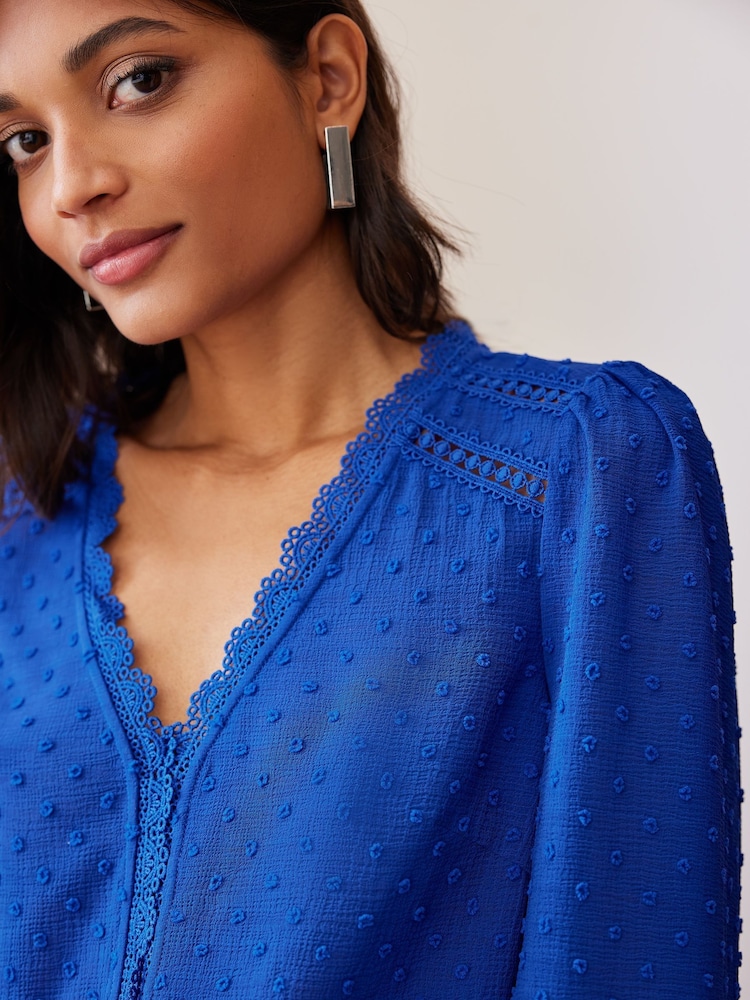 Love & Roses Cobalt Blue V-Neck Lace Long Sleeve Dobby Blouse - Image 2 of 4
