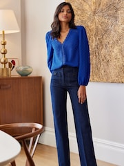 Love & Roses Cobalt Blue V-Neck Lace Long Sleeve Dobby Blouse - Image 4 of 4