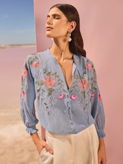 V&A I Love & Roses Blue Floral Print Embroidered Metallic 3/4 Sleeve V-Neckline Blouse - Image 1 of 4