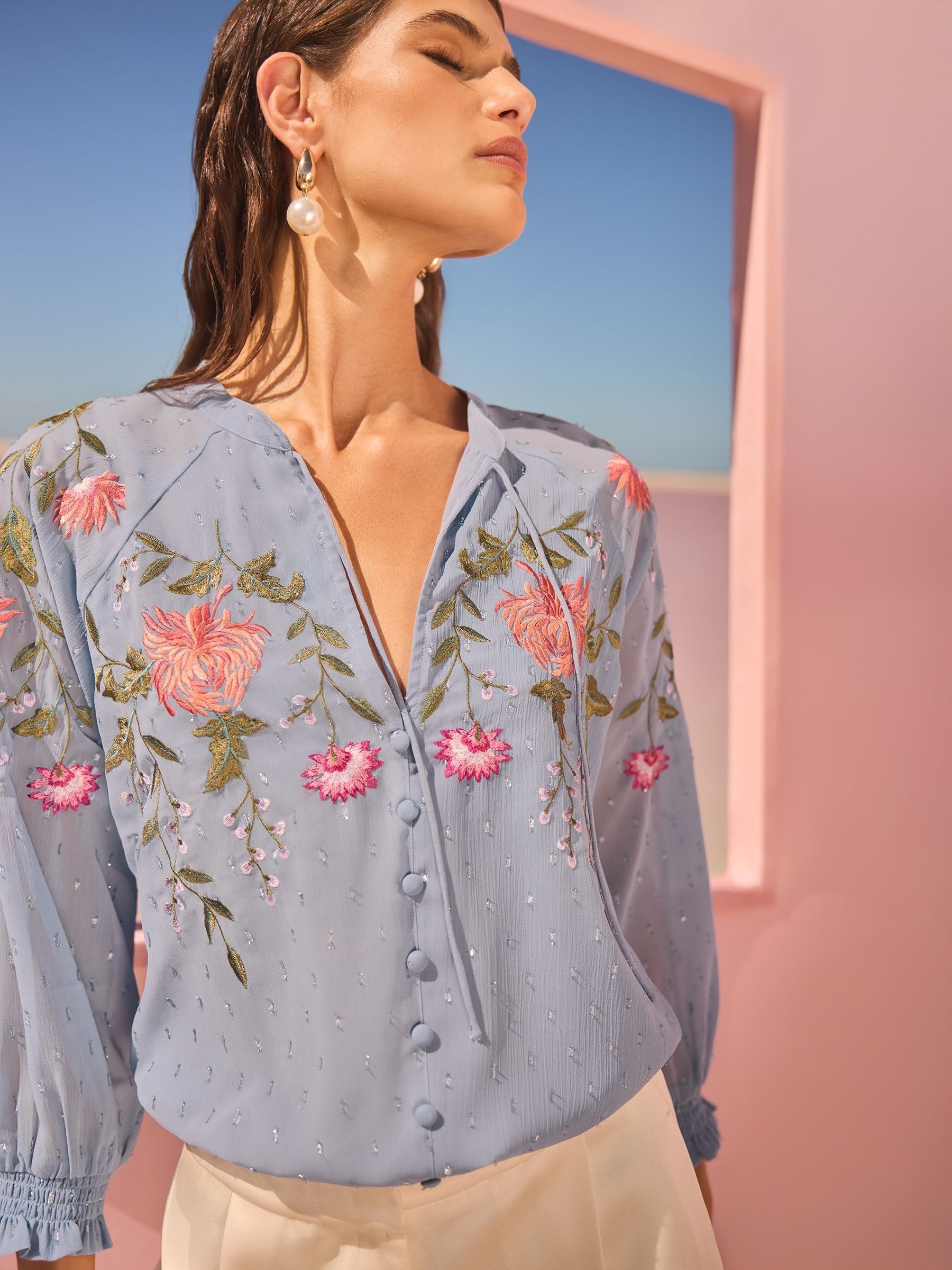 Stripe Print Floral Embroidered Puff Sleeve V Neck Blouse