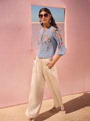 V&A I Love & Roses Blue Floral Print Embroidered Metallic 3/4 Sleeve V-Neckline Blouse - Image 3 of 4