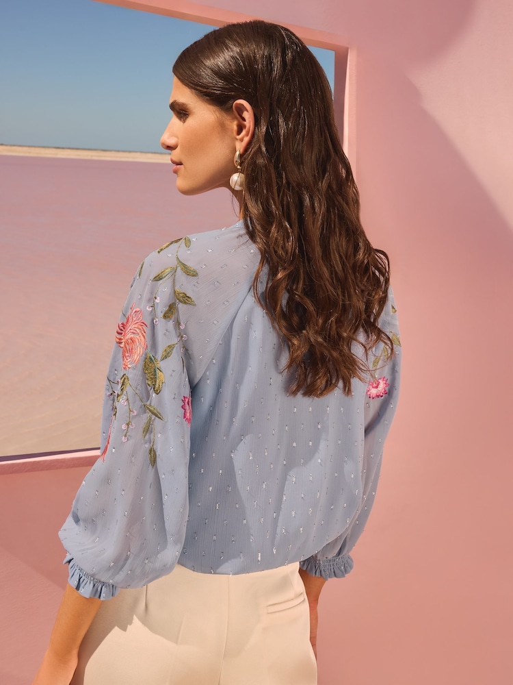 V&A I Love & Roses Blue Floral Print Embroidered Metallic 3/4 Sleeve V-Neckline Blouse - Image 4 of 4