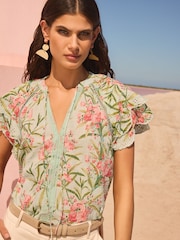V&A I Love & Roses Green Flutter Sleeve Broderie Printed Short Sleeve V-Neckline Blouse - Image 1 of 4