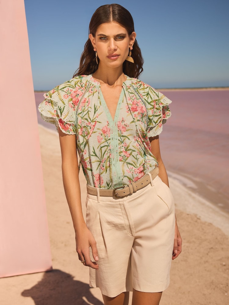 V&A I Love & Roses Green Flutter Sleeve Broderie Printed Short Sleeve V-Neckline Blouse - Image 2 of 4