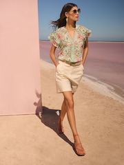 V&A I Love & Roses Green Flutter Sleeve Broderie Printed Short Sleeve V-Neckline Blouse - Image 3 of 4
