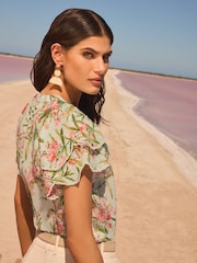 V&A I Love & Roses Green Flutter Sleeve Broderie Printed Short Sleeve V-Neckline Blouse - Image 4 of 4