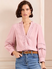 Love & Roses Blush Pink Heart Trim Pintuck Notch Neck 3/4 Length Sleeve Blouse - Image 1 of 4