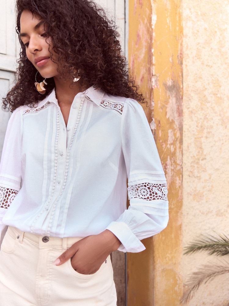 Love & Roses White Lace Trim Deatil Long Sleeve 100% Cotton Shirt - Image 2 of 4