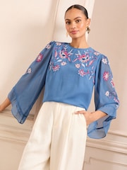 Love & Roses Cobalt Blue Petite Embroidered Crew Neck Flute Sleeve Blouse - Image 1 of 4