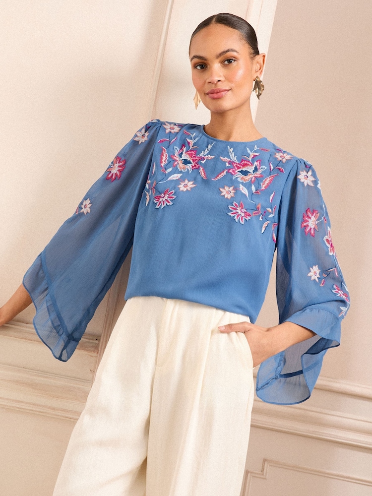 Love & Roses Cobalt Blue Petite Embroidered Crew Neck Flute Sleeve Blouse - Image 1 of 4