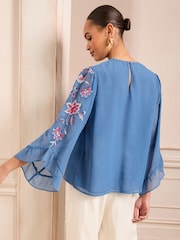 Love & Roses Cobalt Blue Petite Embroidered Crew Neck Flute Sleeve Blouse - Image 3 of 4