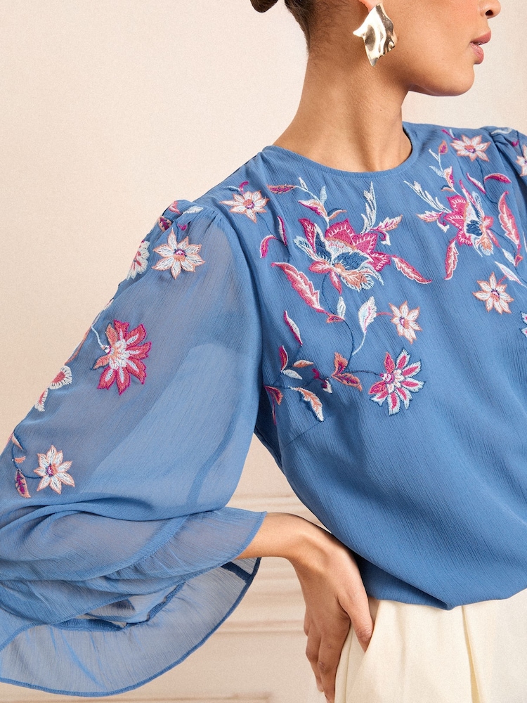 Love & Roses Cobalt Blue Petite Embroidered Crew Neck Flute Sleeve Blouse - Image 4 of 4
