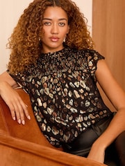 Love & Roses Metallic Animal Shirred Yoke Shell Top - Image 1 of 4