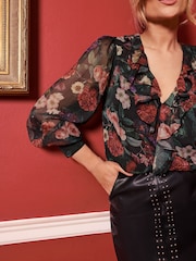 Love & Roses Black Floral Ruffle Detail V-Neck Long Sleeve Blouse - Image 1 of 4