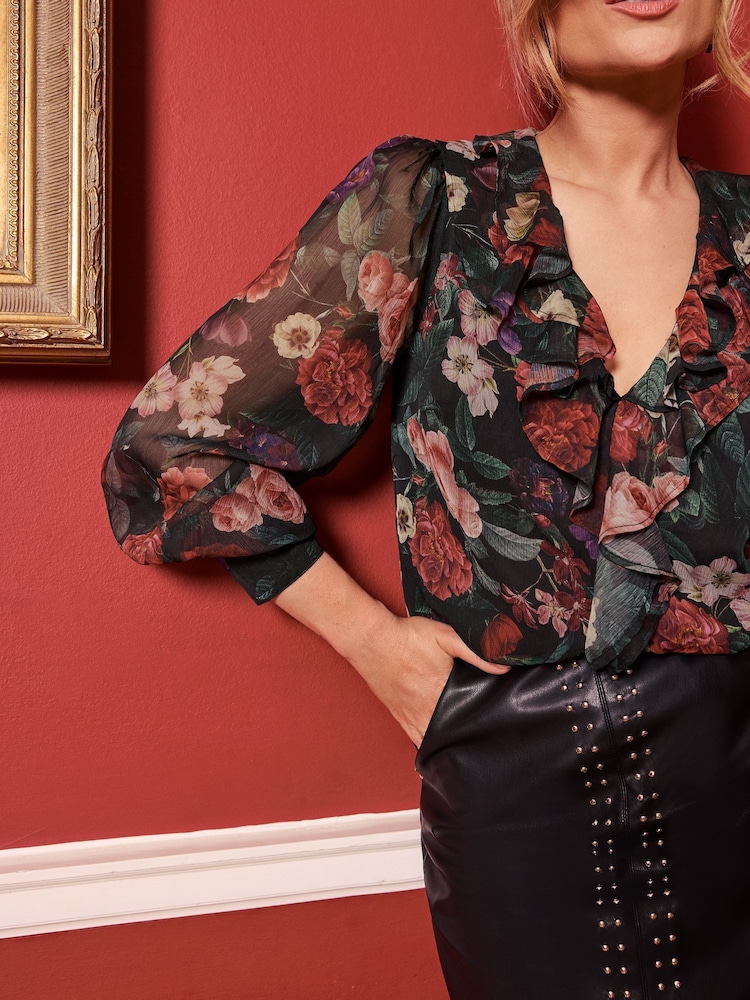 Love & Roses Black Floral Ruffle Detail V-Neck Long Sleeve Blouse - Image 1 of 4