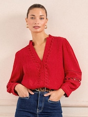 Love & Roses Red Heart Trim Pintuck Notch Neck 3/4 Length Sleeve Blouse - Image 1 of 5