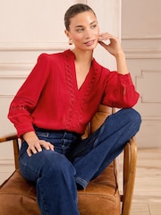Love & Roses Red Heart Trim Pintuck Notch Neck 3/4 Length Sleeve Blouse - Image 2 of 5