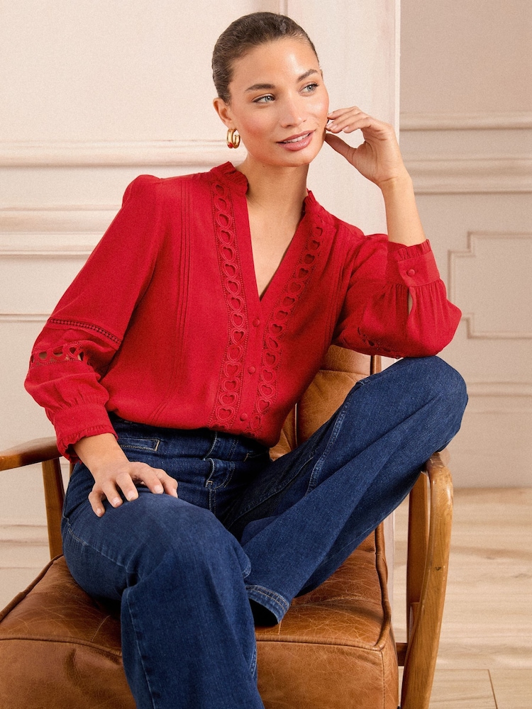 Love & Roses Red Heart Trim Pintuck Notch Neck 3/4 Length Sleeve Blouse - Image 2 of 5
