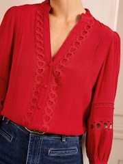Love & Roses Red Heart Trim Pintuck Notch Neck 3/4 Length Sleeve Blouse - Image 3 of 5
