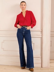 Love & Roses Red Heart Trim Pintuck Notch Neck 3/4 Length Sleeve Blouse - Image 4 of 5
