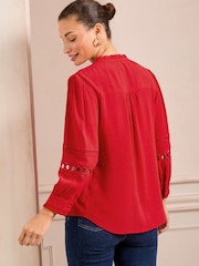 Love & Roses Red Heart Trim Pintuck Notch Neck 3/4 Length Sleeve Blouse - Image 5 of 5