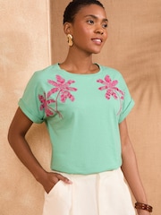 Love & Roses Aqua and Pink Embellished Palm Crew Neck Jersey T-Shirt - Image 1 of 4