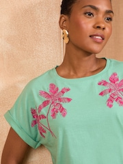 Love & Roses Aqua and Pink Embellished Palm Crew Neck Jersey T-Shirt - Image 2 of 4