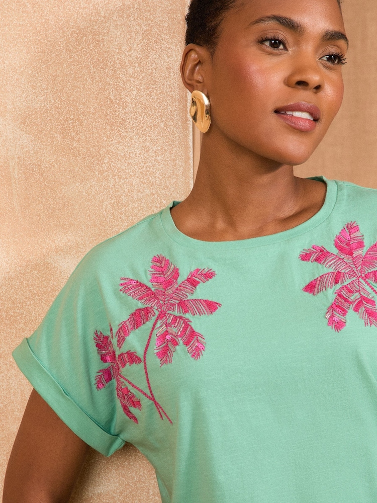 Love & Roses Aqua and Pink Embellished Palm Crew Neck Jersey T-Shirt - Image 2 of 4