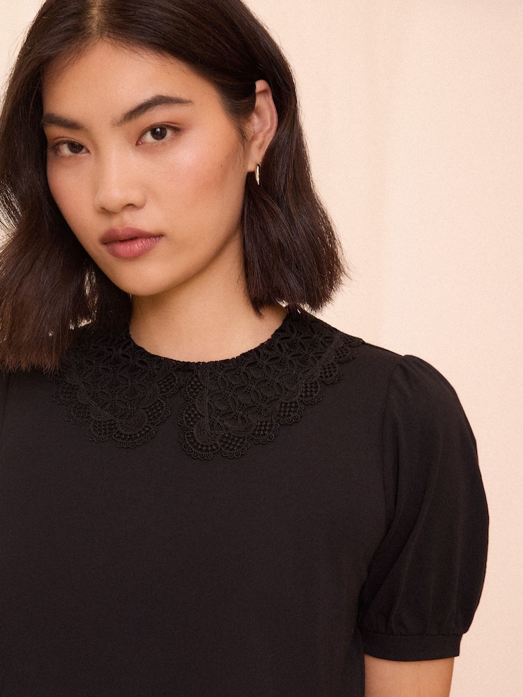 Love & Roses Black Lace Collar Jersey Short Sleeve T-Shirt - Image 2 of 4